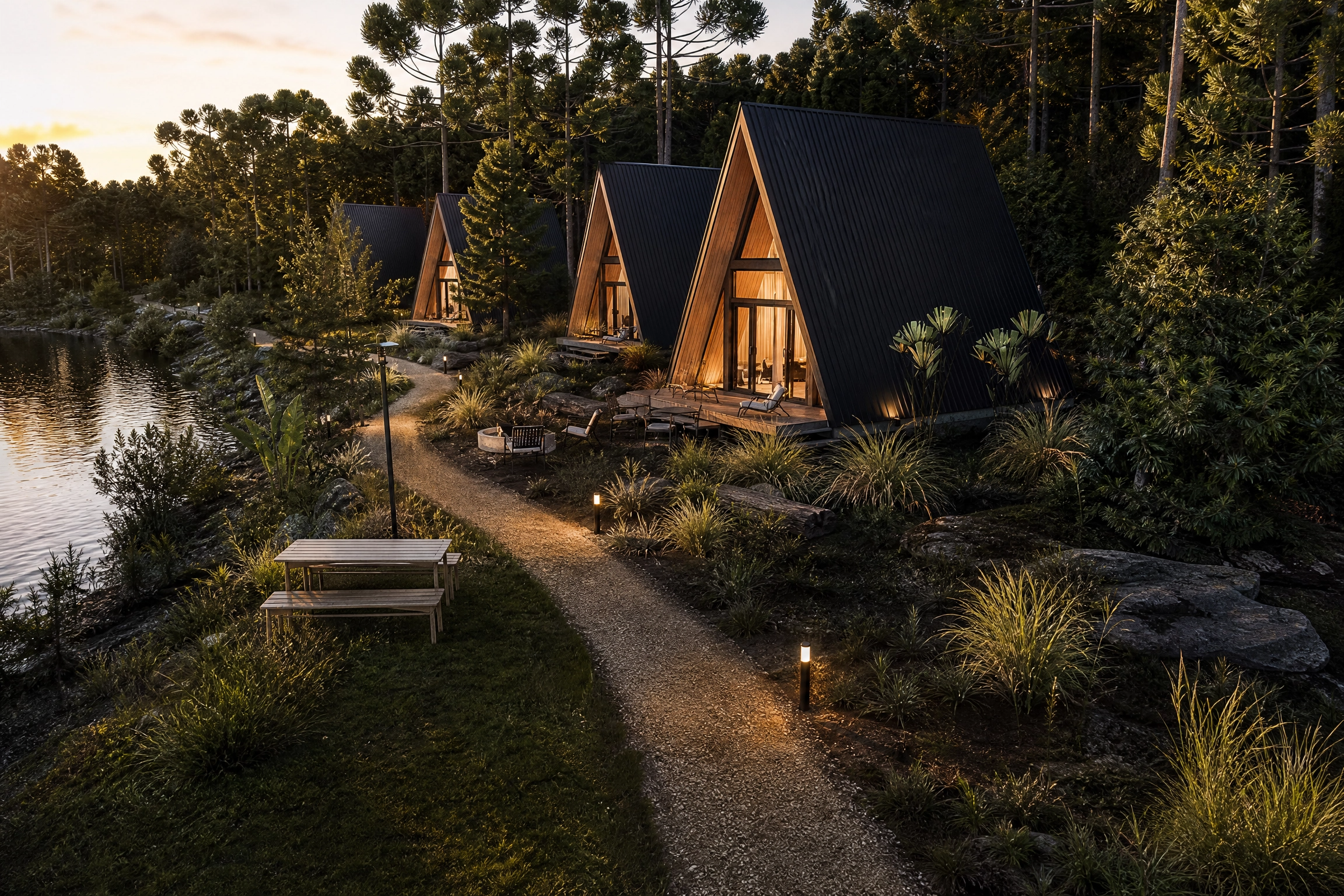 Refúgio de cabanas A-frame Estar Frame à beira do lago ao entardecer